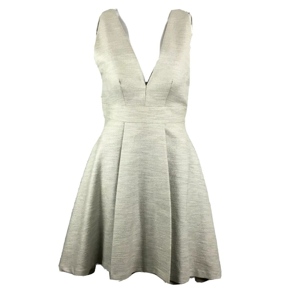 Paper Crown Anthropologie Dress Womens Sz S Silver Gray Pleated V Neck